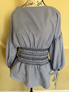 Ina Blue and White Pinstripe Smocked-Waist Blouse